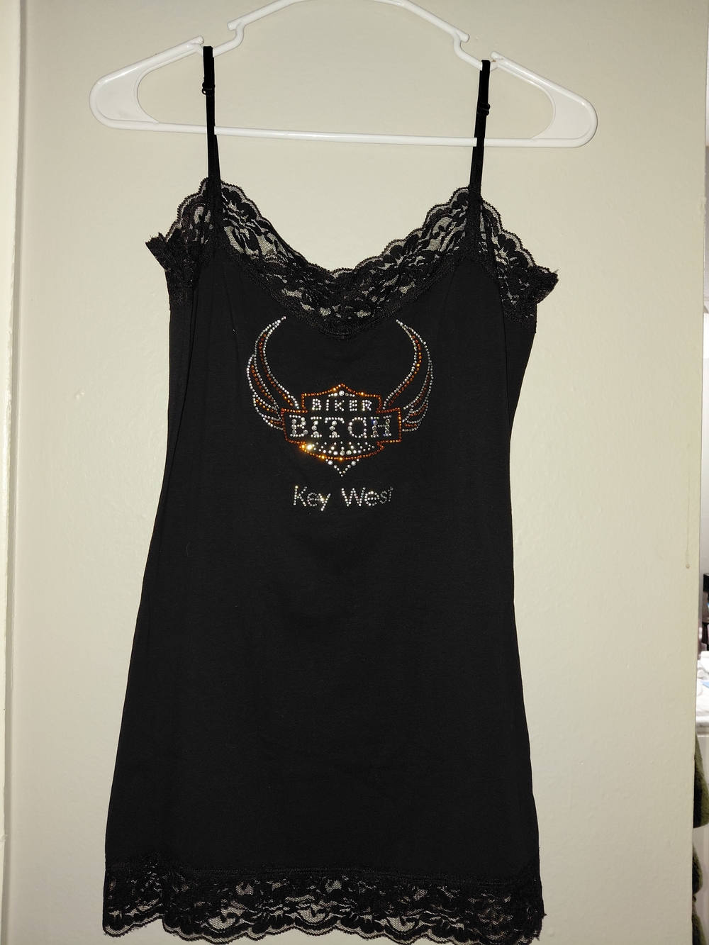 Harley-Davidson Black Lace Trim Rhinestone Camisole - Key West Biker Graphic